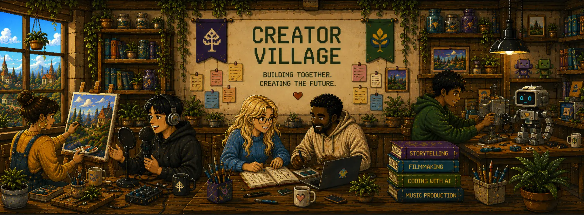 Creator Village workshop interior with artists, makers, coders and storytellers building together